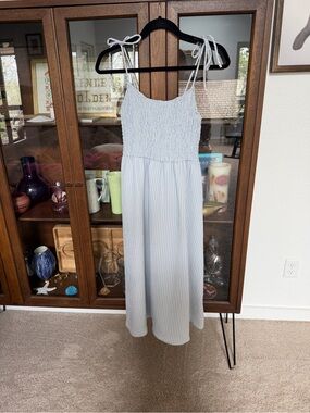 H&M Light Blue Smocked Midi Dress with Pinstripe Detail